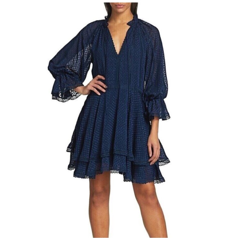 Alice + Olivia Joanne Dress Handkerchief Hem Navy Blue Lace Tiered 2